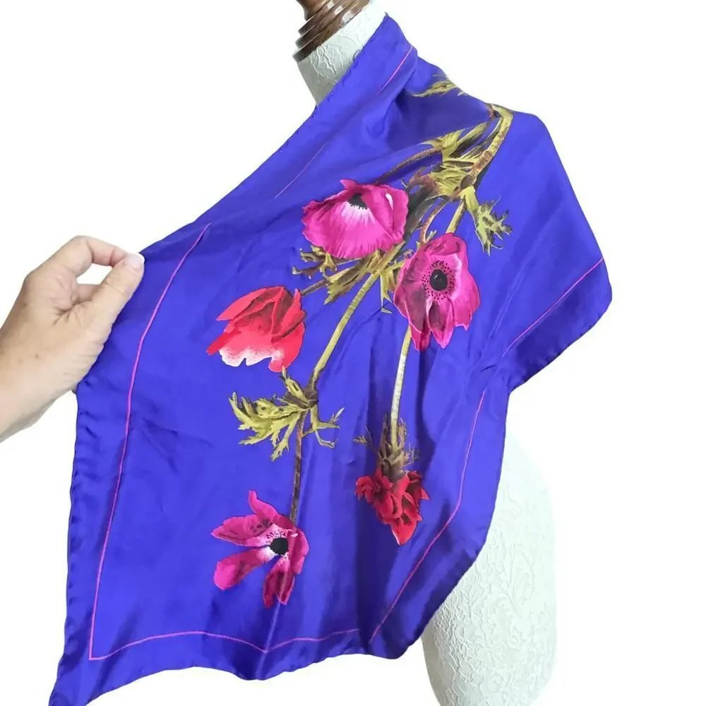 Vintage Purple Floral Silk (?)Scarf Wrap Shawl 21x44 Boho Cottagecore